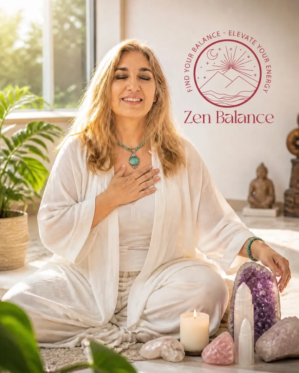 Woman meditating with amethyst, selenite, rose quartz, and a candle