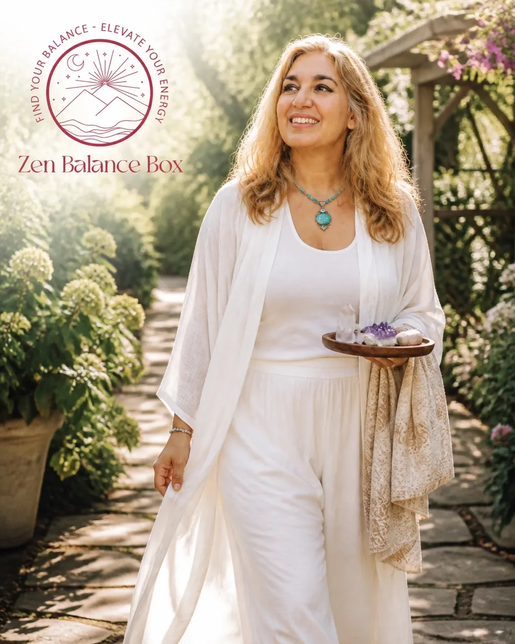 Zen Balance practitioner walking through a sun-drenched garden with crystals
